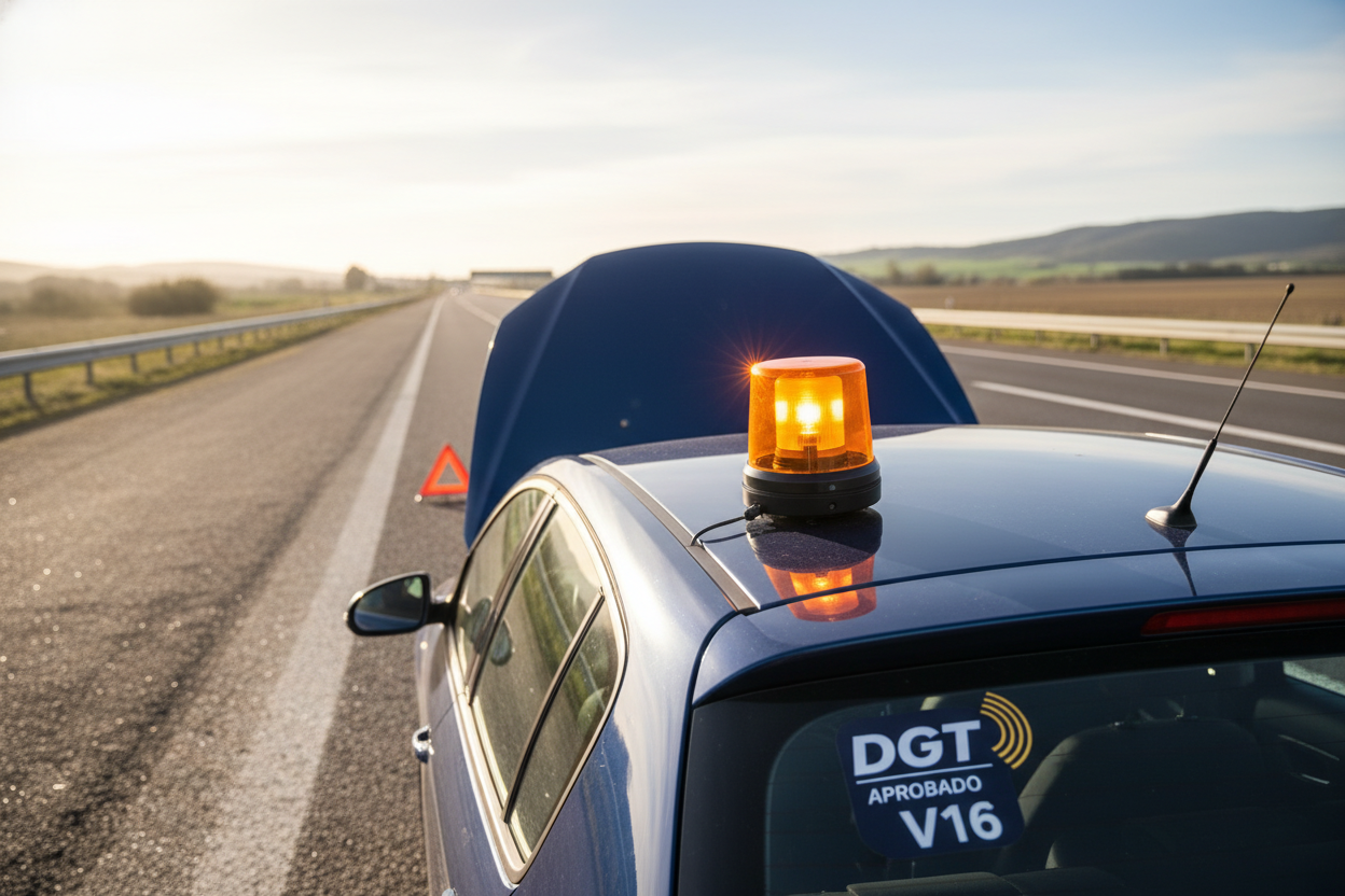 Imagen promocional para baliza v16 homologada por la dgt, la baliza debe estar ubicada en el techo del vehiculo que parado en el arcen por averia